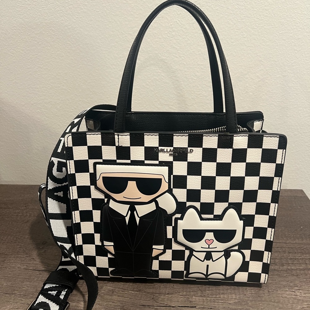 Karl Lagerfeld Black and White Graphic Tote W/ Guitar Strap
